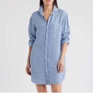 New Frank & Eileen Mary Linen Blue Striped Shirt Dress Sz m